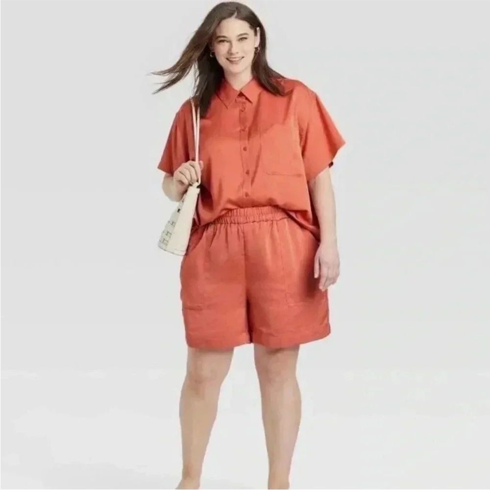 Two piece satin short set coral large lounge set leisure set